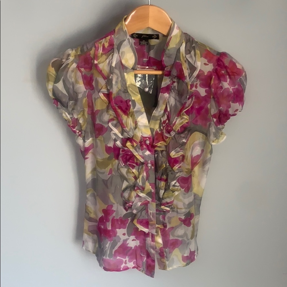 NWT Filtre Bright Pink, Yellow And Gray Silk Blouse